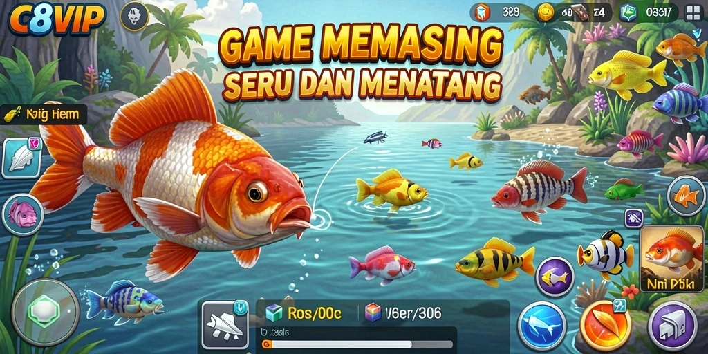 Screenshot gameplay C8VIP yang menunjukkan aksi memancing yang mendebarkan.