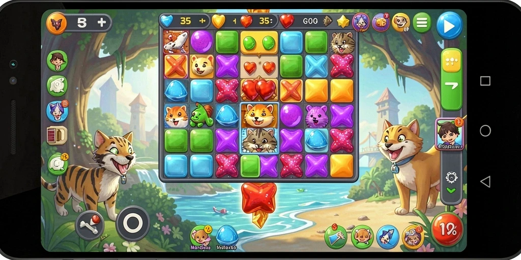 Gameplay seru GT108 dalam genre Match-3 penuh warna.