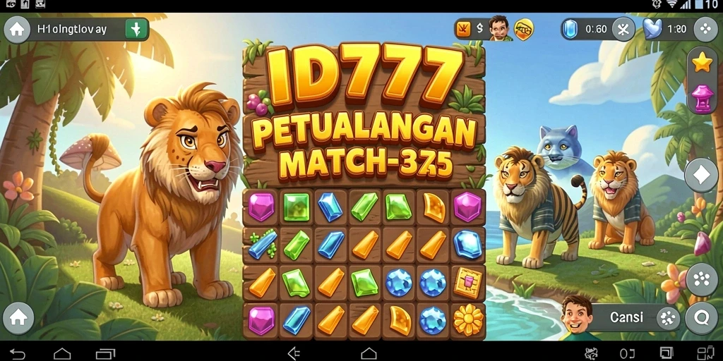 Screenshot gameplay ID777 menampilkan aksi mencocokkan karakter Match-3 yang seru.