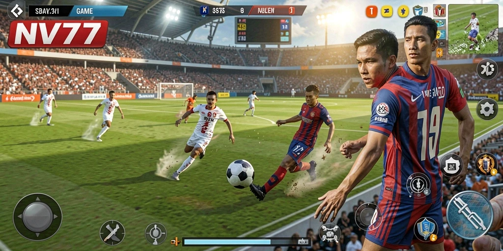 Gameplay NV77 menampilkan pertandingan sepak bola yang seru dan menegangkan.