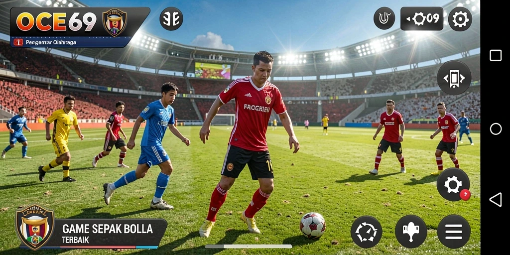 Tangkapan layar utama OCE69 menampilkan aksi seru dari gameplay sepak bola.