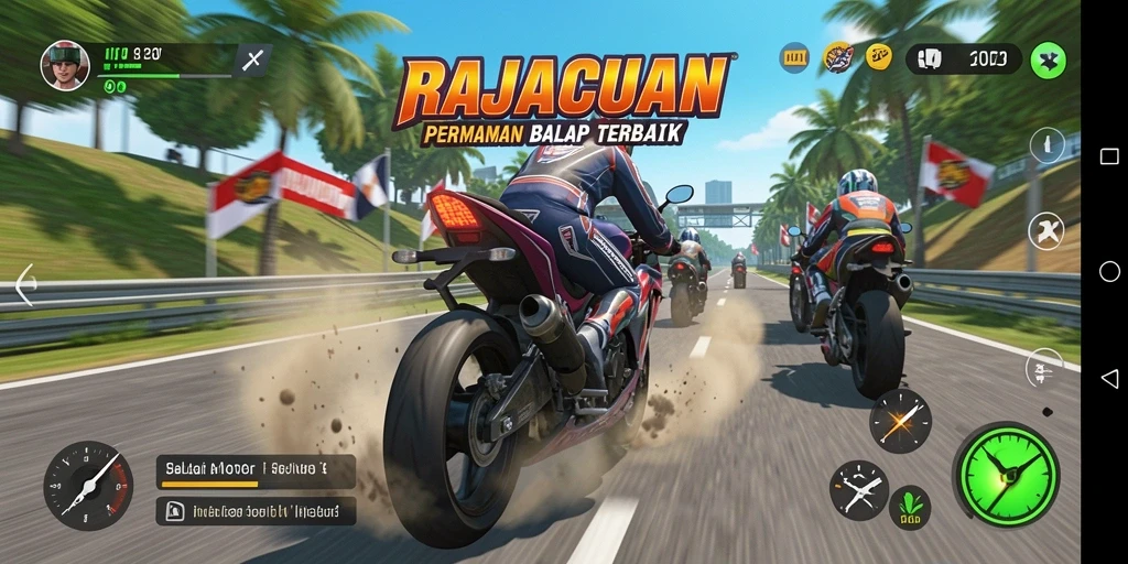Screenshot utama dari gameplay balap motor RAJACUAN yang mendebarkan.